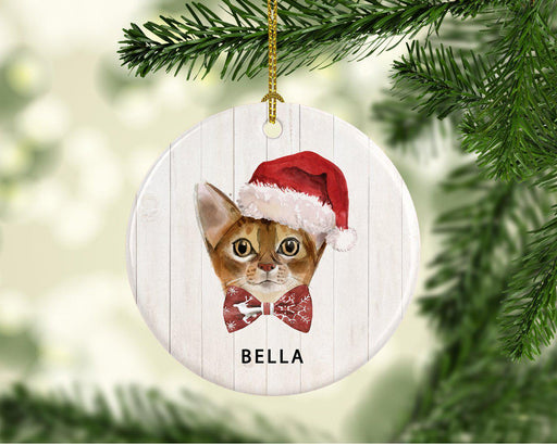 Custom Round Porcelain Ceramic Christmas Tree Ornament Gift, Holly Wreath Santa Hat Cat Graphic-Set of 1-Andaz Press-Abyssinian-