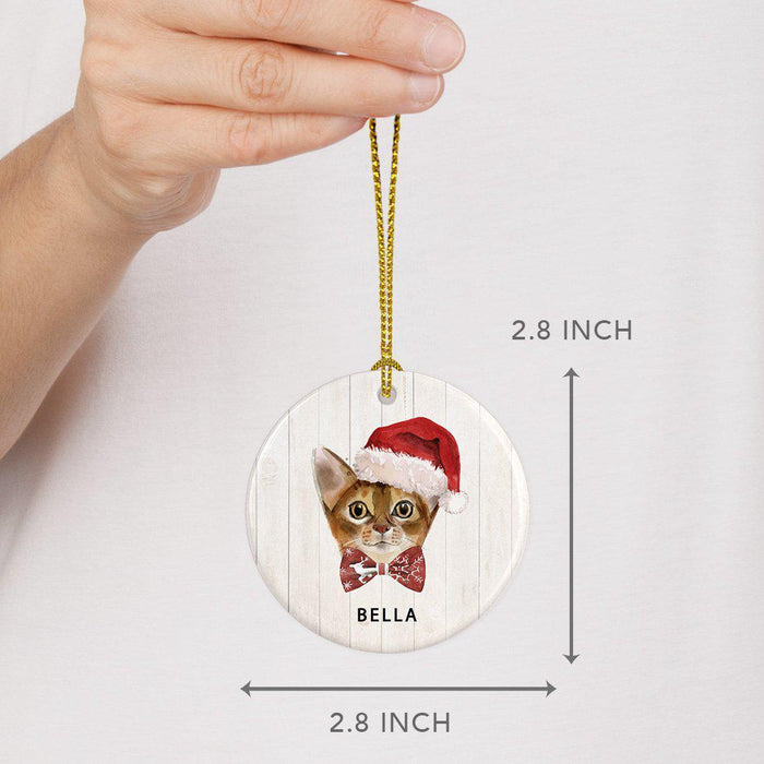 Custom Round Porcelain Ceramic Christmas Tree Ornament Gift, Holly Wreath Santa Hat Cat Graphic-Set of 1-Andaz Press-Abyssinian-