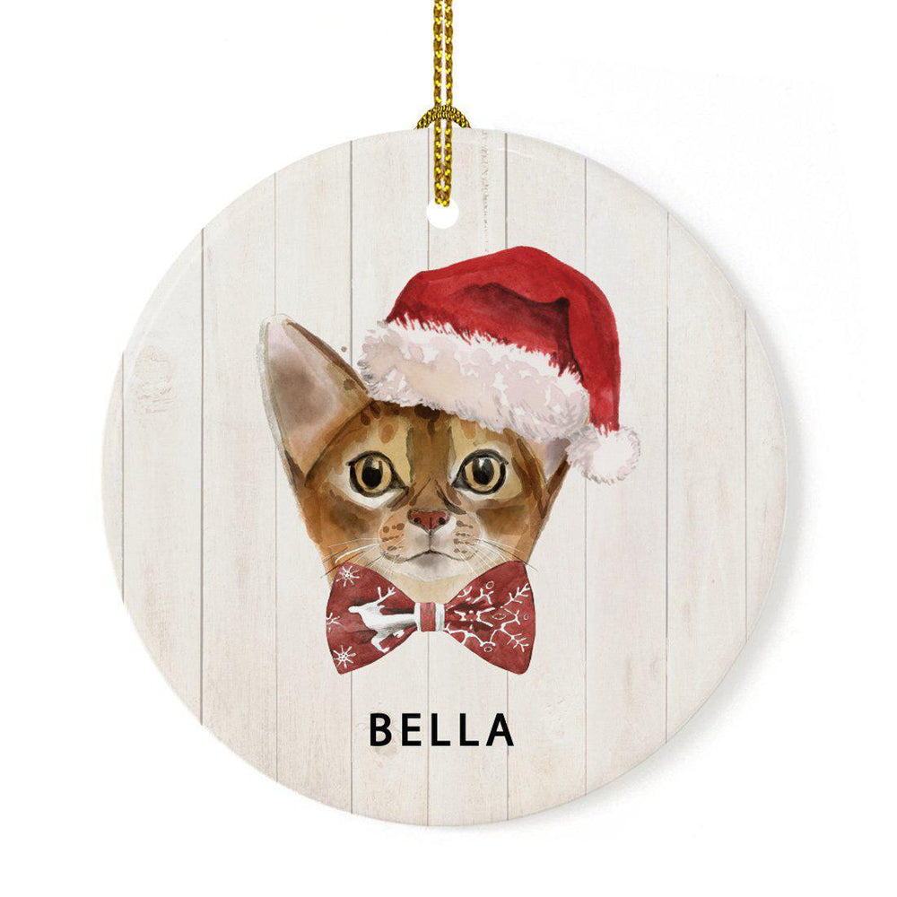 Custom Round Porcelain Ceramic Christmas Tree Ornament Gift, Holly Wreath Santa Hat Cat Graphic-Set of 1-Andaz Press-Abyssinian-