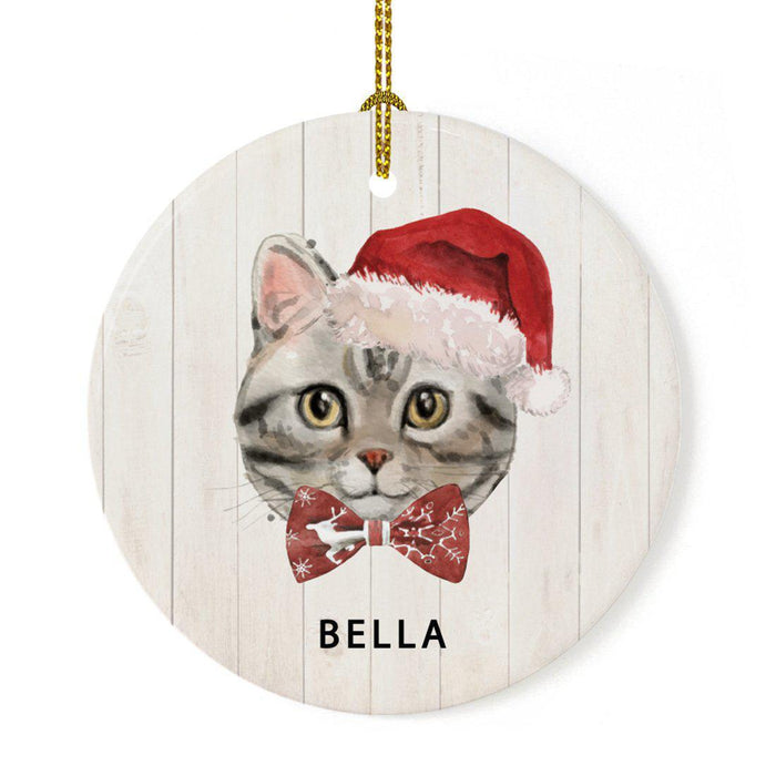 Custom Round Porcelain Ceramic Christmas Tree Ornament Gift, Holly Wreath Santa Hat Cat Graphic-Set of 1-Andaz Press-American Shorthair Holly Wreath-