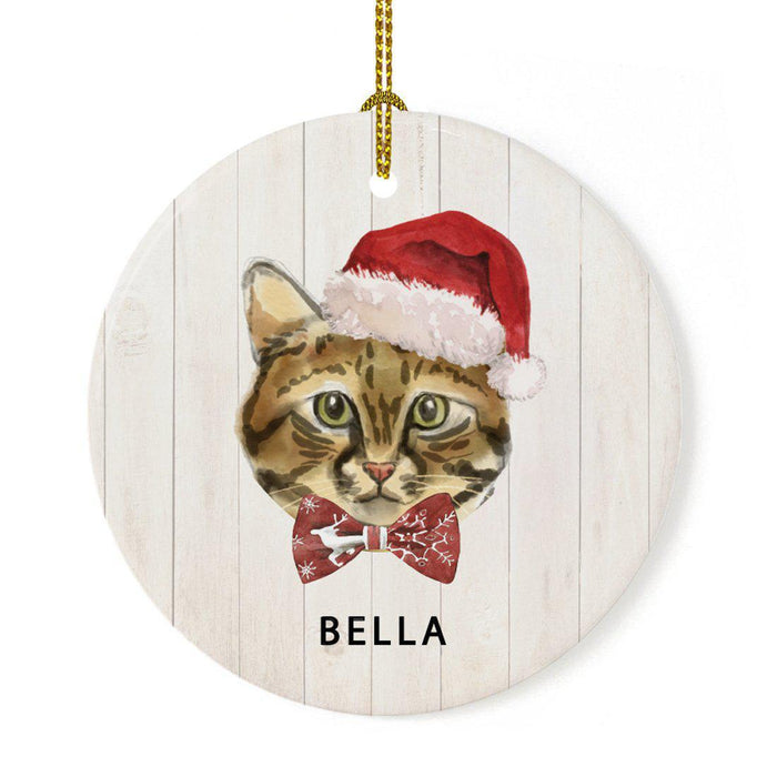 Custom Round Porcelain Ceramic Christmas Tree Ornament Gift, Holly Wreath Santa Hat Cat Graphic-Set of 1-Andaz Press-Bengal-
