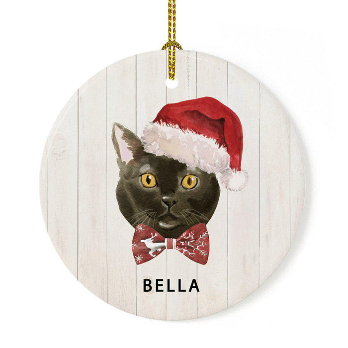 Custom Round Porcelain Ceramic Christmas Tree Ornament Gift, Holly Wreath Santa Hat Cat Graphic-Set of 1-Andaz Press-Bombay-