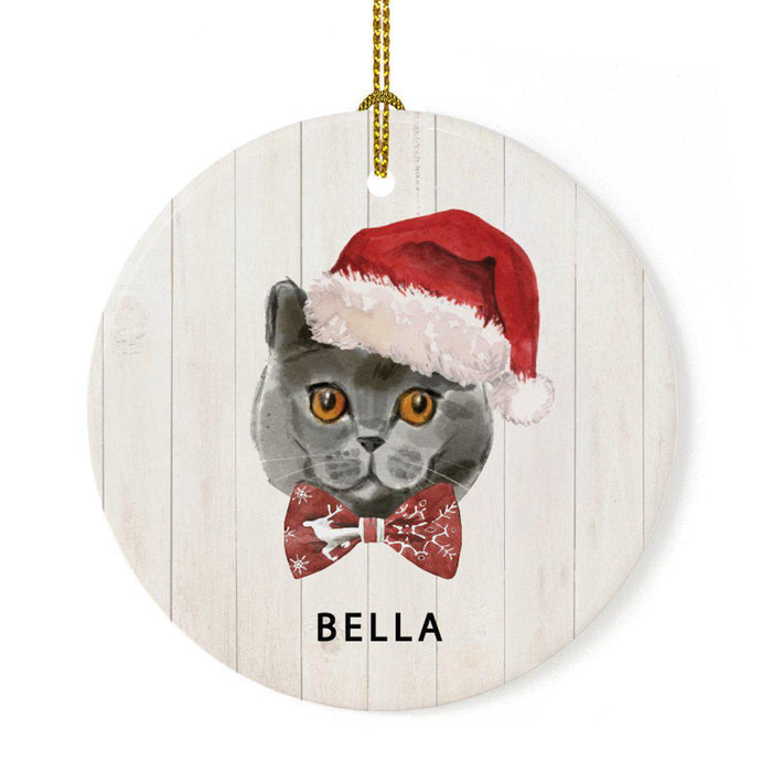 Custom Round Porcelain Ceramic Christmas Tree Ornament Gift, Holly Wreath Santa Hat Cat Graphic-Set of 1-Andaz Press-British Shorthair-