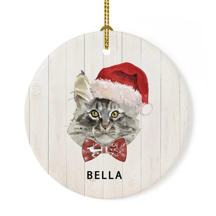 Custom Round Porcelain Ceramic Christmas Tree Ornament Gift, Holly Wreath Santa Hat Cat Graphic-Set of 1-Andaz Press-Maine Coon-