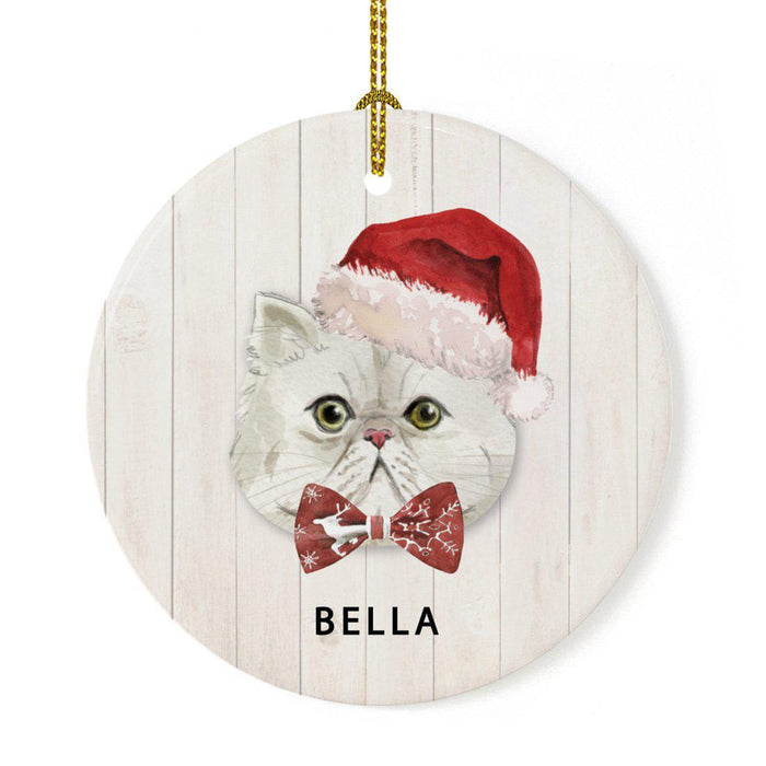 Custom Round Porcelain Ceramic Christmas Tree Ornament Gift, Holly Wreath Santa Hat Cat Graphic-Set of 1-Andaz Press-Persian-