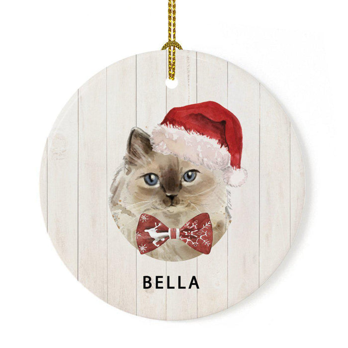 Custom Round Porcelain Ceramic Christmas Tree Ornament Gift, Holly Wreath Santa Hat Cat Graphic-Set of 1-Andaz Press-Ragdoll-