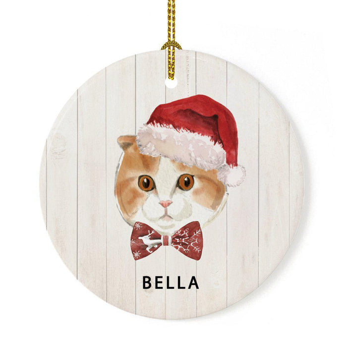 Custom Round Porcelain Ceramic Christmas Tree Ornament Gift, Holly Wreath Santa Hat Cat Graphic-Set of 1-Andaz Press-Scottish Fold-