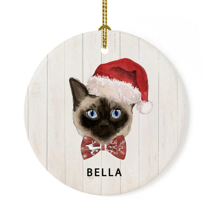 Custom Round Porcelain Ceramic Christmas Tree Ornament Gift, Holly Wreath Santa Hat Cat Graphic-Set of 1-Andaz Press-Siamese-