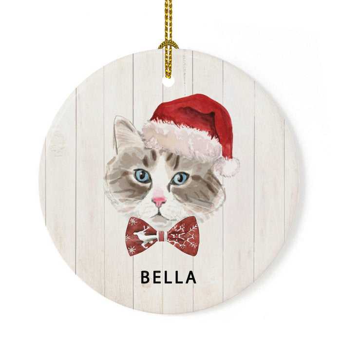 Custom Round Porcelain Ceramic Christmas Tree Ornament Gift, Holly Wreath Santa Hat Cat Graphic-Set of 1-Andaz Press-Siberian-