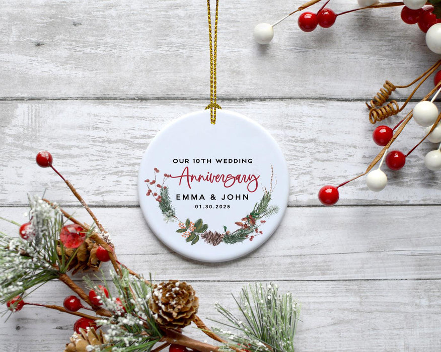 Custom Round Porcelain Wedding Christmas Tree Ornament Keepsake Gift-Set of 1-Andaz Press-Anniversary-