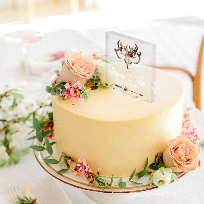 Custom Rustic Country Square Acrylic Cake Topper Collection-Set of 1-Andaz Press-Boho Woodland Antlers Custom-