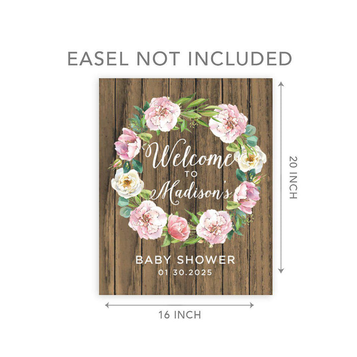 Custom Rustic Woodland Baby Shower Canvas Welcome Signs-Set of 1-Andaz Press-Rustic Wood Floral Wreath-