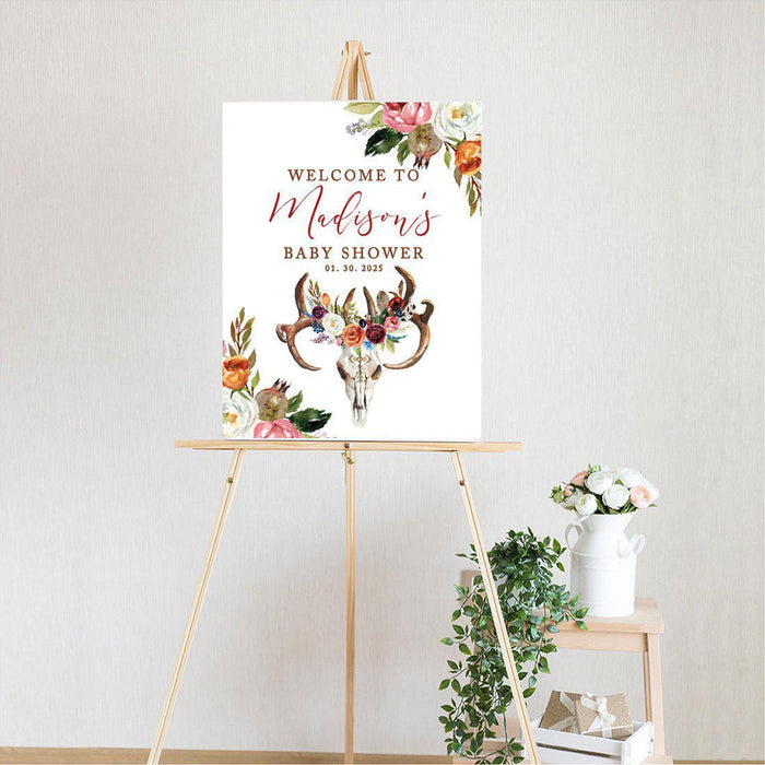 Custom Rustic Woodland Baby Shower Canvas Welcome Signs-Set of 1-Andaz Press-Rustic Wood Floral Wreath-
