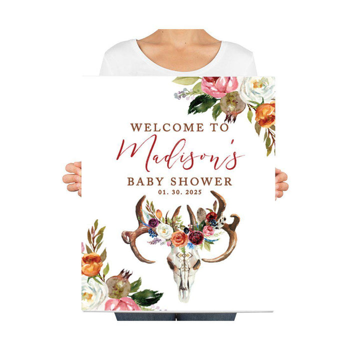 Custom Rustic Woodland Baby Shower Canvas Welcome Signs-Set of 1-Andaz Press-Rustic Wood Floral Wreath-