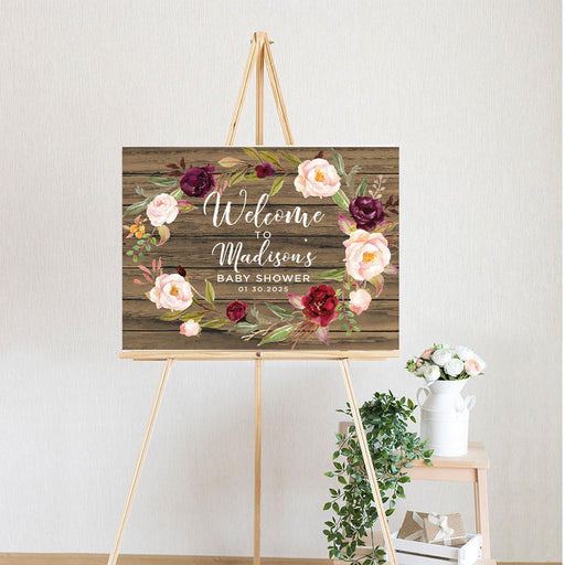 Custom Rustic Woodland Baby Shower Canvas Welcome Signs-Set of 1-Andaz Press-Rustic Wood Floral Wreath-