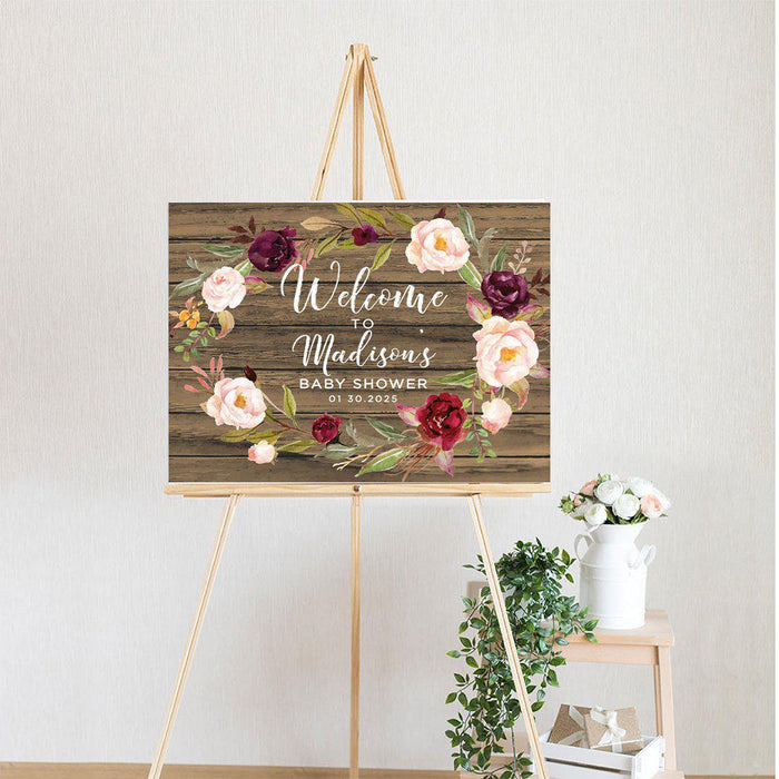 Custom Rustic Woodland Baby Shower Canvas Welcome Signs-Set of 1-Andaz Press-Rustic Wood Floral Wreath-