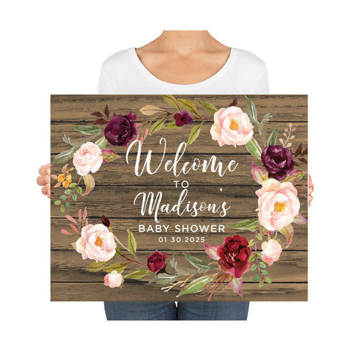 Custom Rustic Woodland Baby Shower Canvas Welcome Signs-Set of 1-Andaz Press-Rustic Wood Floral Wreath-