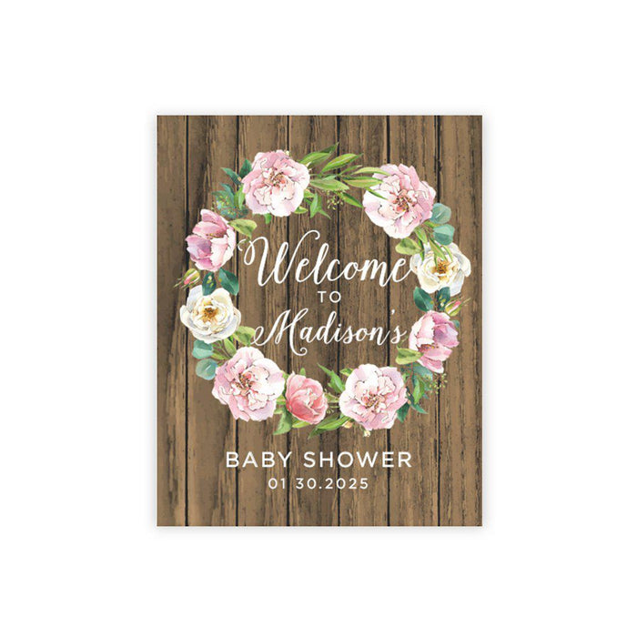 Custom Rustic Woodland Baby Shower Canvas Welcome Signs-Set of 1-Andaz Press-Rustic Wood Floral Wreath-