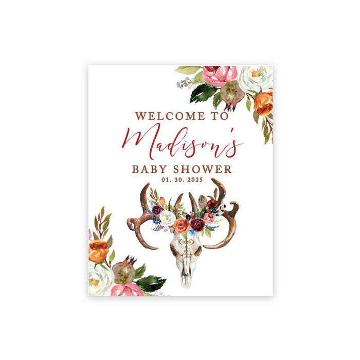 Custom Rustic Woodland Baby Shower Canvas Welcome Signs-Set of 1-Andaz Press-Rustic Boho Berry Floral Antlers-