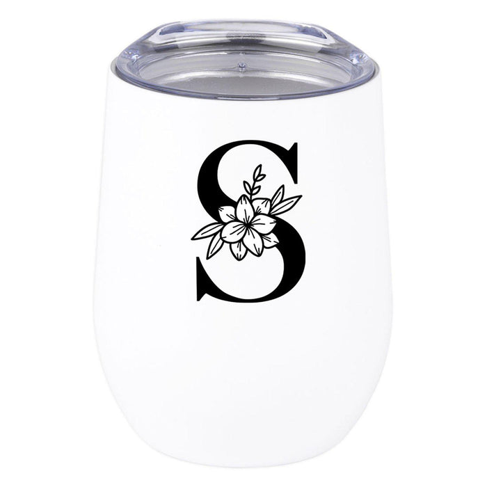 Custom Stainless Steel Stemless Insulated 12 oz Wine Tumbler with Lid Gift for Travel-Set of 1-Andaz Press-Black and White Floral-