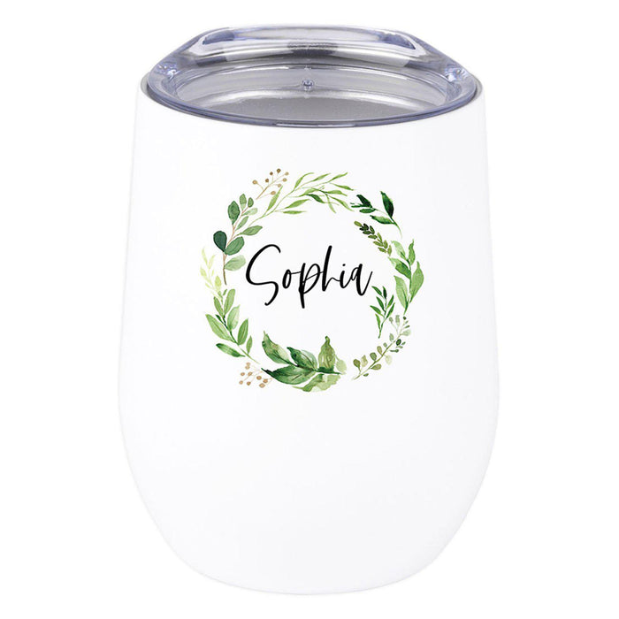 Custom Stainless Steel Stemless Insulated 12 oz Wine Tumbler with Lid Gift for Travel-Set of 1-Andaz Press-Greenery Wreath Custom Name-
