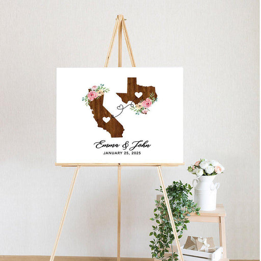 Custom State Canvas Wedding Guestbook Welcome Signs-Set of 1-Andaz Press-Rustic Wood Two States Where We Met-