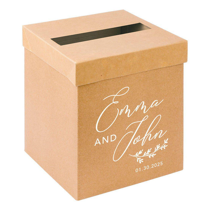 Custom Sturdy Rustic Card Box for Wedding Natural Kraft with White Text-Set of 1-Andaz Press-Minimal Line Leaf-