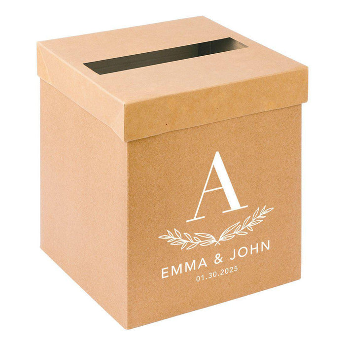 Custom Sturdy Rustic Card Box for Wedding Natural Kraft with White Text-Set of 1-Andaz Press-Minimal Line Leaf-