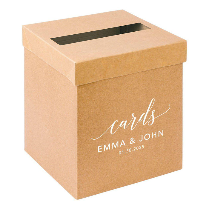 Custom Sturdy Rustic Card Box for Wedding Natural Kraft with White Text-Set of 1-Andaz Press-Minimal Line Leaf-