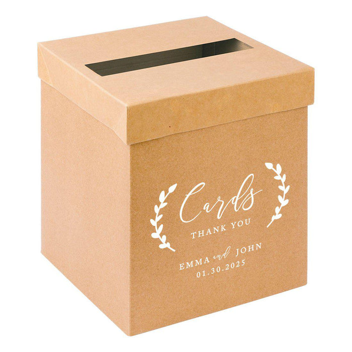 Custom Sturdy Rustic Card Box for Wedding Natural Kraft with White Text-Set of 1-Andaz Press-Minimal Line Leaf-