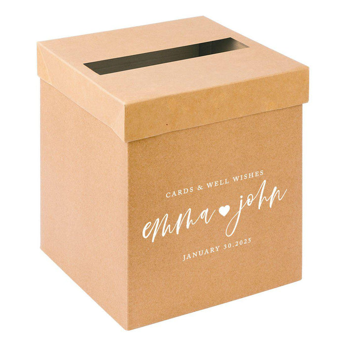 Custom Sturdy Rustic Card Box for Wedding Natural Kraft with White Text-Set of 1-Andaz Press-Minimal Line Leaf-