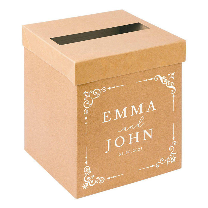 Custom Sturdy Rustic Card Box for Wedding Natural Kraft with White Text-Set of 1-Andaz Press-Minimal Line Leaf-