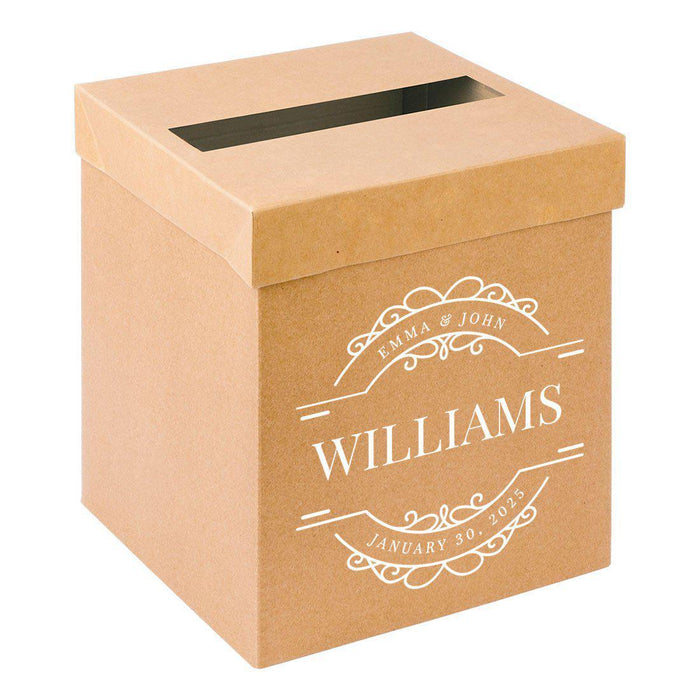 Custom Sturdy Rustic Card Box for Wedding Natural Kraft with White Text-Set of 1-Andaz Press-Minimal Line Leaf-