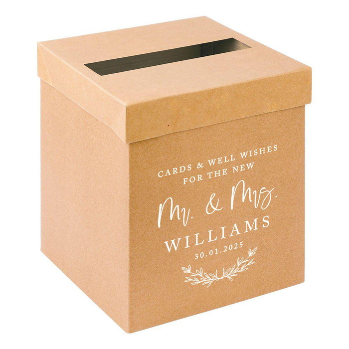 Custom Sturdy Rustic Card Box for Wedding Natural Kraft with White Text-Set of 1-Andaz Press-Minimal Line Leaf-