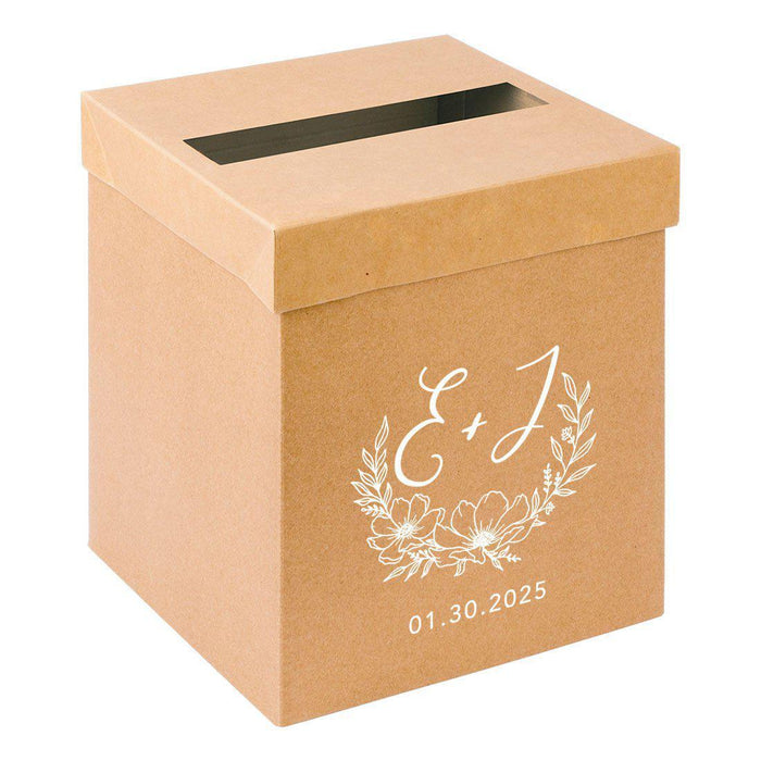 Custom Sturdy Rustic Card Box for Wedding Natural Kraft with White Text-Set of 1-Andaz Press-Minimal Line Leaf-
