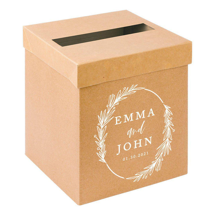Custom Sturdy Rustic Card Box for Wedding Natural Kraft with White Text-Set of 1-Andaz Press-Minimal Line Leaf-
