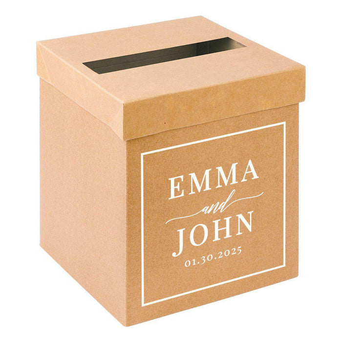 Custom Sturdy Rustic Card Box for Wedding Natural Kraft with White Text-Set of 1-Andaz Press-Minimal Line Leaf-