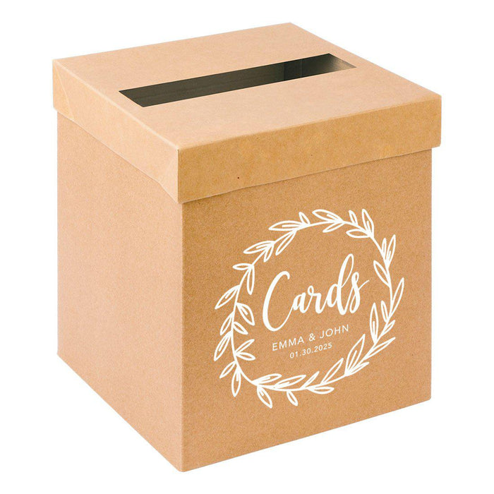 Custom Sturdy Rustic Card Box for Wedding Natural Kraft with White Text-Set of 1-Andaz Press-Minimal Line Leaf-