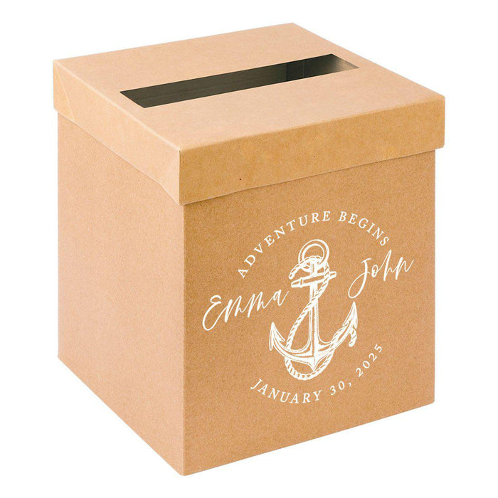 Custom Sturdy Rustic Card Box for Wedding Natural Kraft with White Text-Set of 1-Andaz Press-Adventure Begins Nautical-