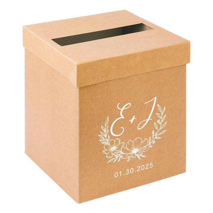 Custom Sturdy Rustic Card Box for Wedding Natural Kraft with White Text-Set of 1-Andaz Press-Line Florals-