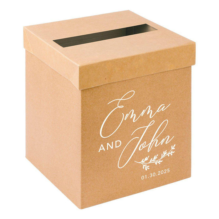 Custom Sturdy Rustic Card Box for Wedding Natural Kraft with White Text-Set of 1-Andaz Press-Minimal Leaf Design-