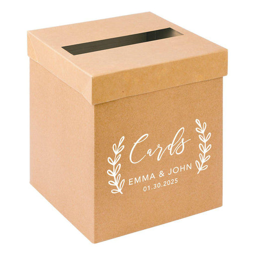 Custom Sturdy Rustic Card Box for Wedding Natural Kraft with White Text-Set of 1-Andaz Press-Minimal Line Leaf-