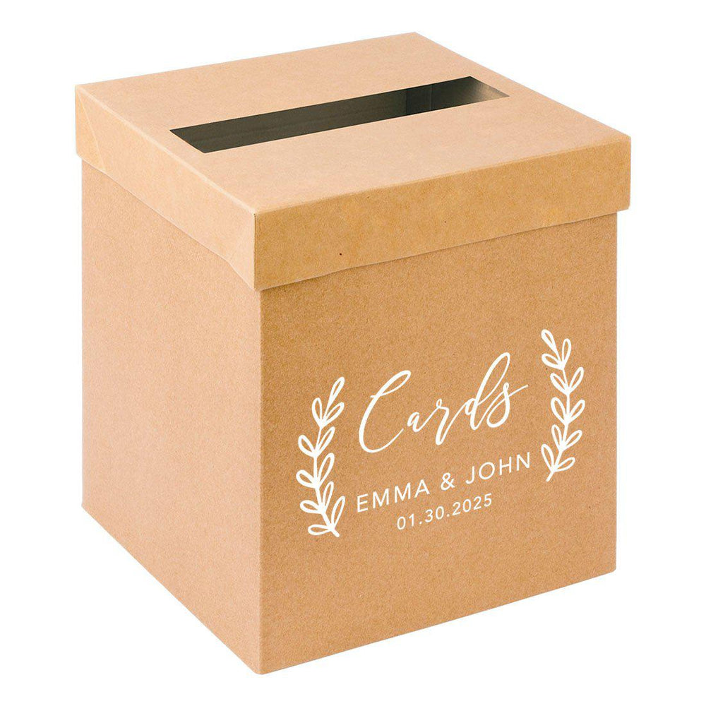Custom Sturdy Rustic Card Box for Wedding Natural Kraft with White Text-Set of 1-Andaz Press-Minimal Line Leaf-