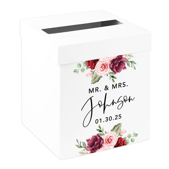 Custom Sturdy White Wedding Day Card Box-Set of 1-Andaz Press-Burgundy Pink Florals-