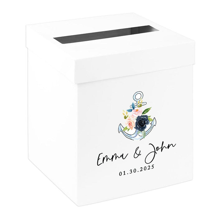 Custom Sturdy White Wedding Day Card Box-Set of 1-Andaz Press-Nautical Beach Florals-