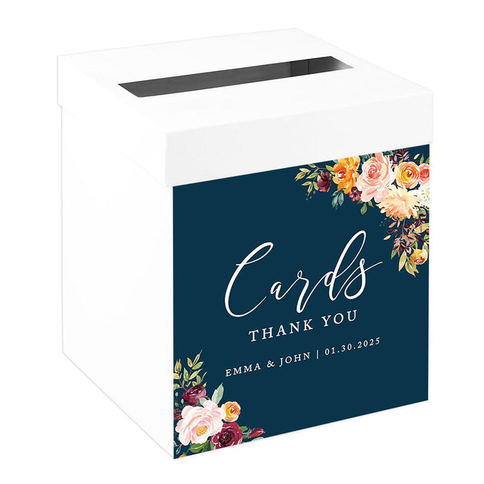 Custom Sturdy White Wedding Day Card Box-Set of 1-Andaz Press-Navy Blue Fall Florals-