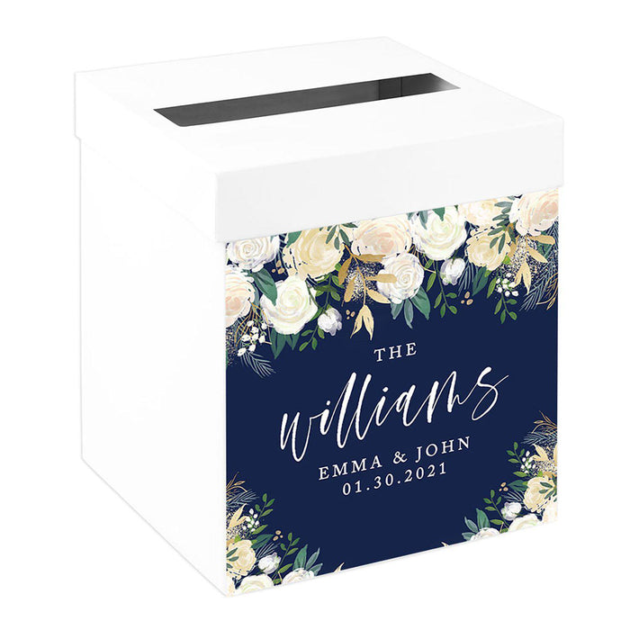 Custom Sturdy White Wedding Day Card Box-Set of 1-Andaz Press-Navy Blue with Cream Florals-