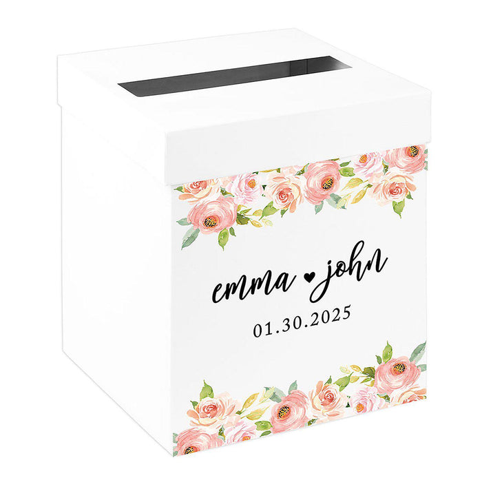 Custom Sturdy White Wedding Day Card Box-Set of 1-Andaz Press-Peach Pink Watercolor Florals-