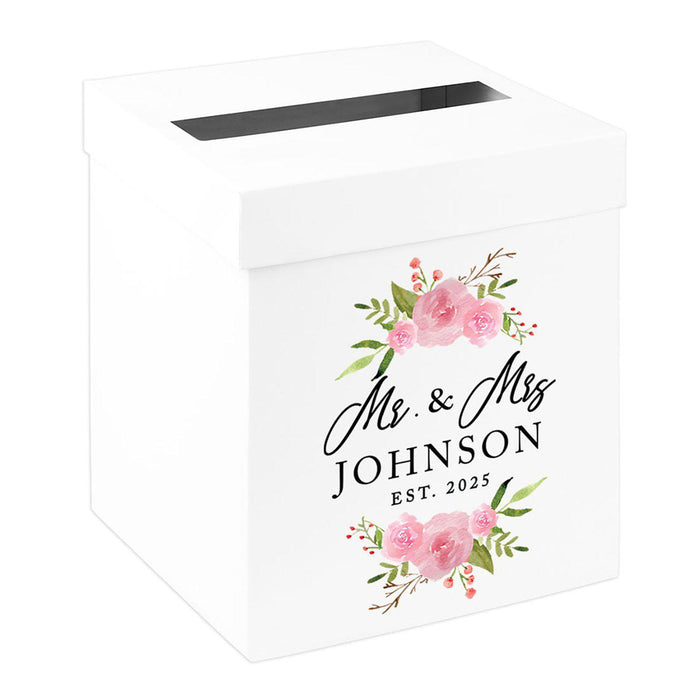 Custom Sturdy White Wedding Day Card Box-Set of 1-Andaz Press-Pink Watercolor Floral Wreath-