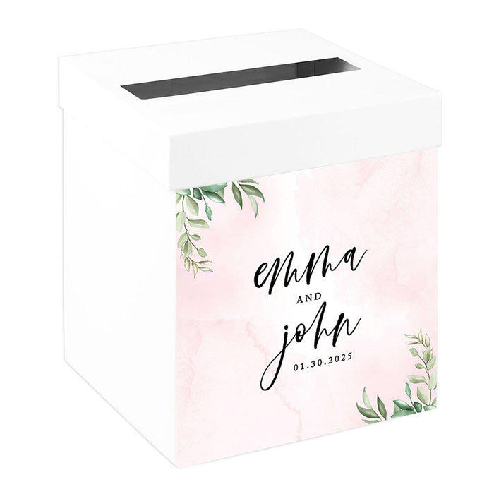 Custom Sturdy White Wedding Day Card Box-Set of 1-Andaz Press-Pink Watercolor Greenery-